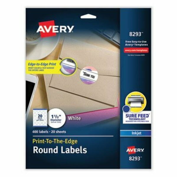 Avery Dennison Avery, VIBRANT INKJET COLOR-PRINT LABELS W/ SURE FEED, 1 1/2in DIA, WHITE, 400PK 8293